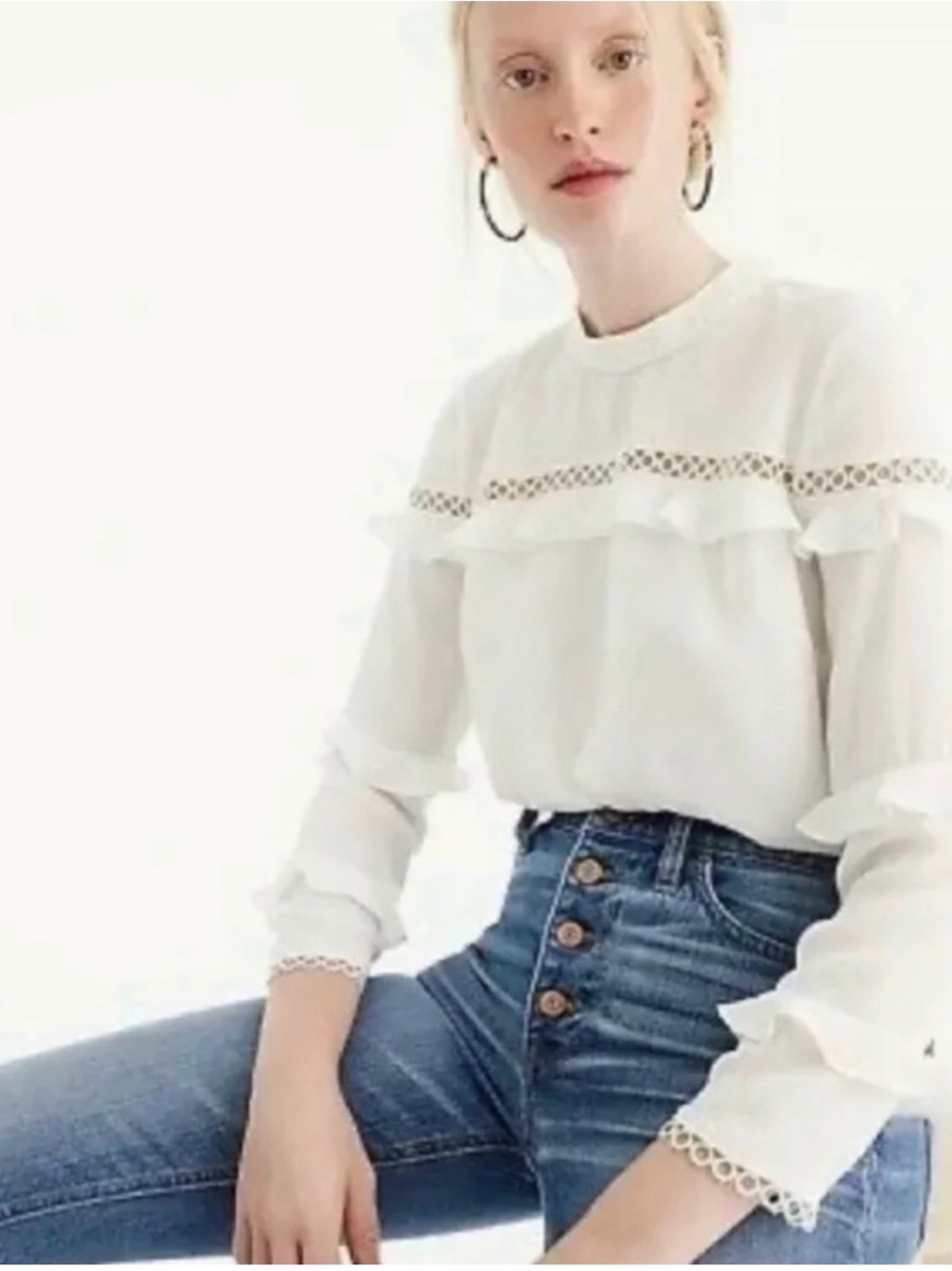 J. Crew White Ruffle & Lace Trim Blouse